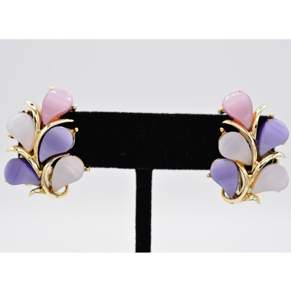 Kramer Vintage Clip On Earrings Purple Pink Lucite Floral Leaf Gold Signed BinAA